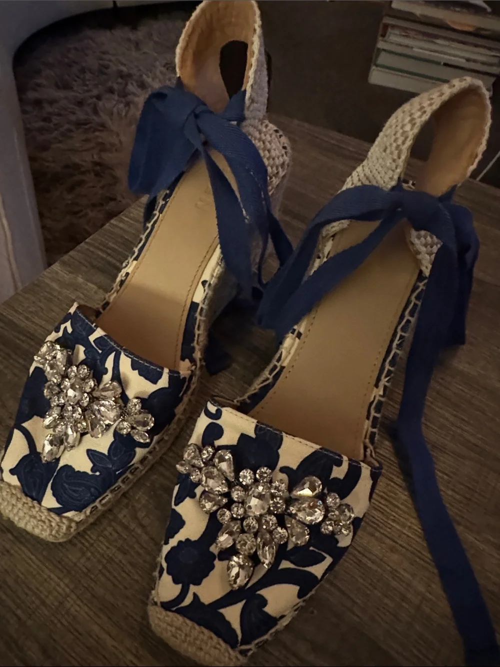 Boden Navy & White Floral Espadrille Wedges with Crystal Embellishment